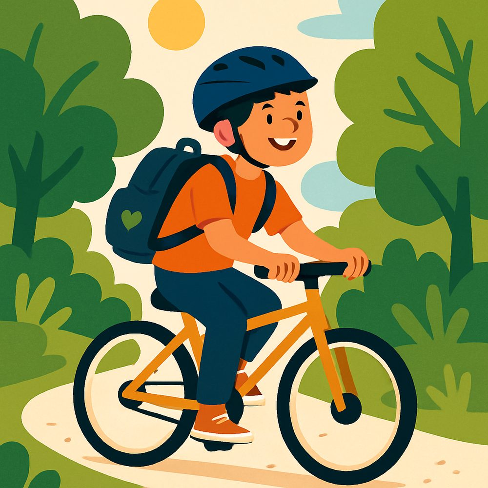 Een blij kind fietst naar school over een zonnig pad